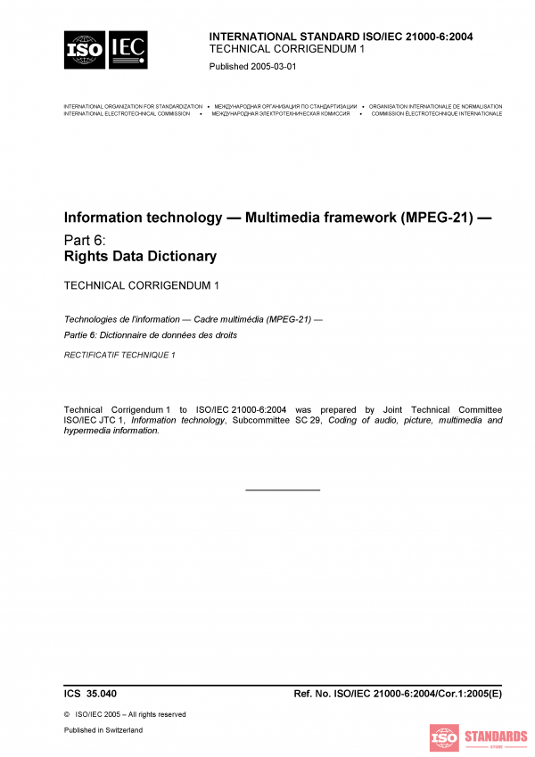 ISO/IEC 21000-6:2004/COR1:2005 PDF