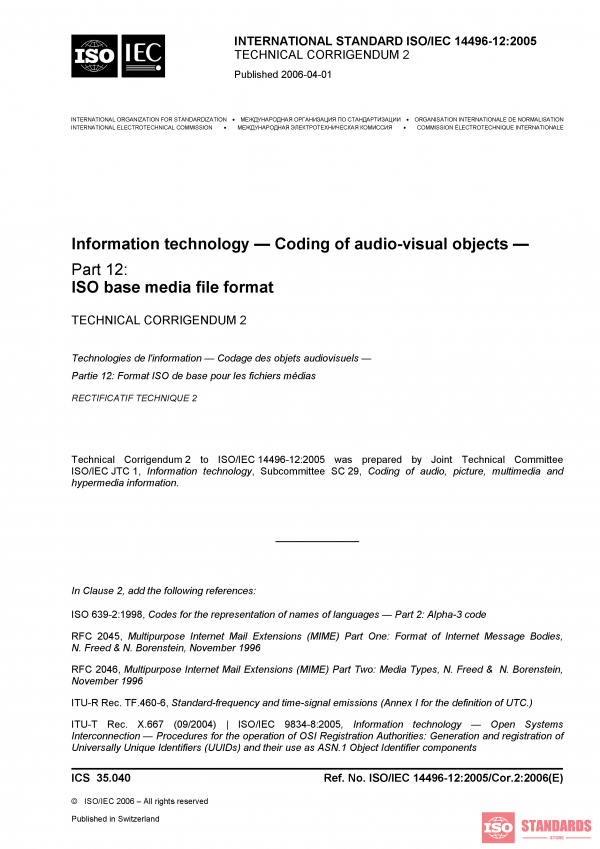 ISO/IEC 14496-12:2005/Cor 2:2006 PDF