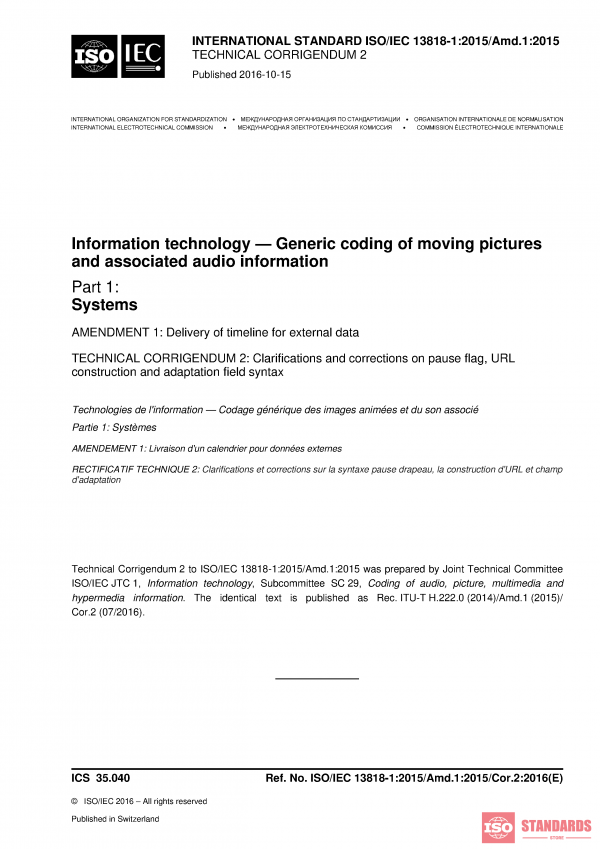 ISO/IEC 13818-1:2015/Amd 1:2015/Cor 2:2016 PDF