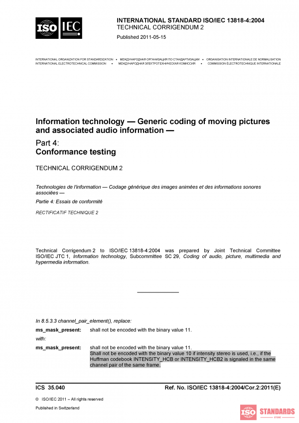 ISO/IEC 13818-4:2004/COR2:2011 PDF