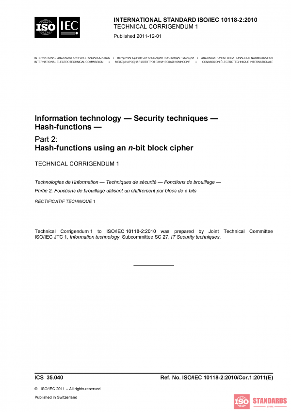 ISO/IEC 10118-2:2010/Cor 1:2011 PDF