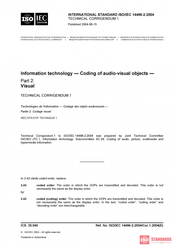 ISO/IEC 14496-2:2004/Cor 1:2004 PDF