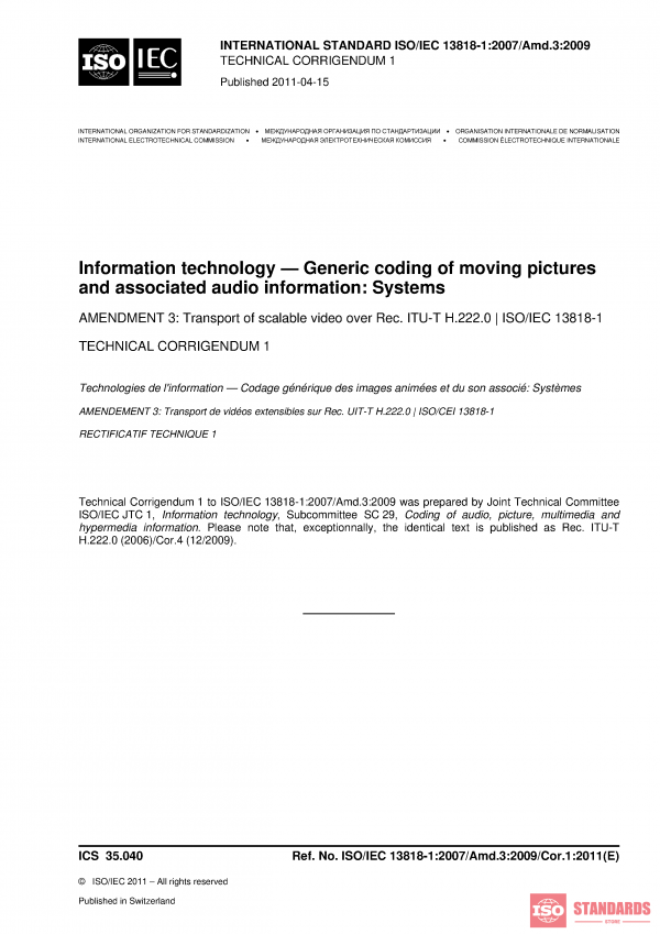 ISO/IEC 13818-1:2007/AMD3:2009/COR1:2011 PDF