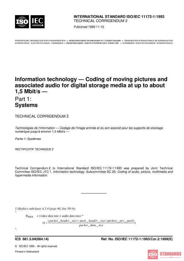 ISO/IEC 11172-1:1993/COR2:1999 PDF