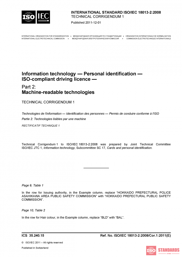 ISO/IEC 18013-2:2008/Cor 1:2011 PDF