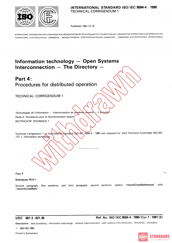 ISO/IEC 9594-4:1990/COR1:1991 PDF