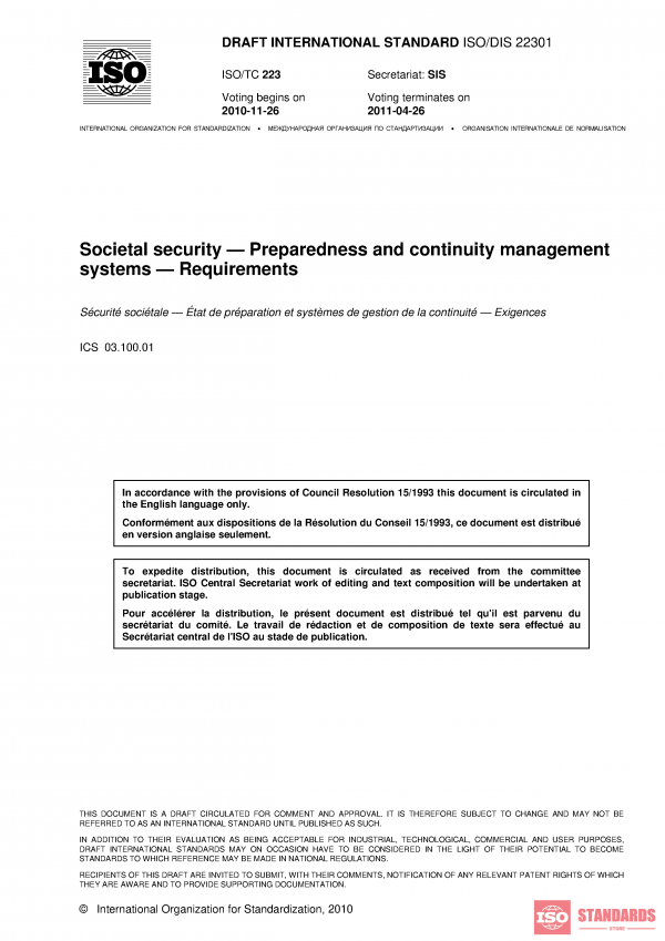 ISO/DIS 22301 :2010 PDF