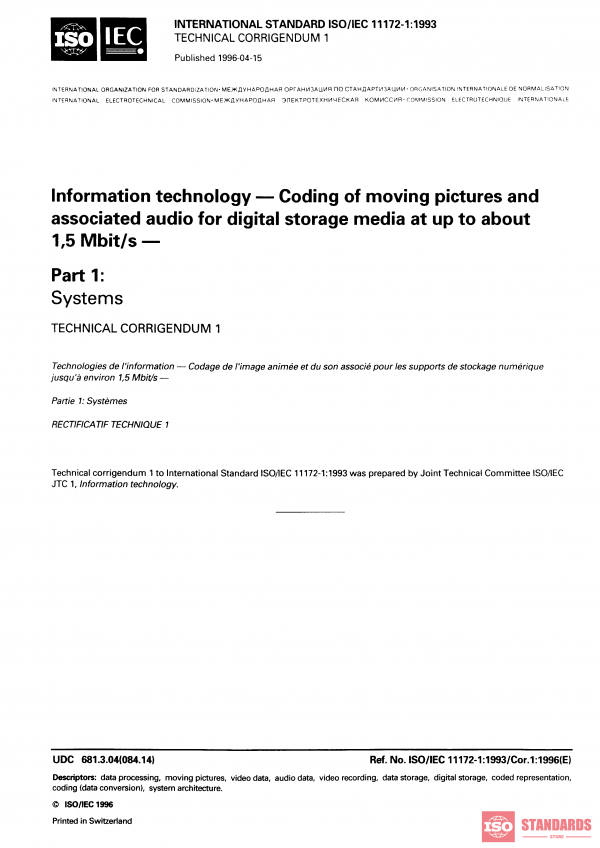 ISO/IEC 11172-1:1993/Cor 1:1996 PDF