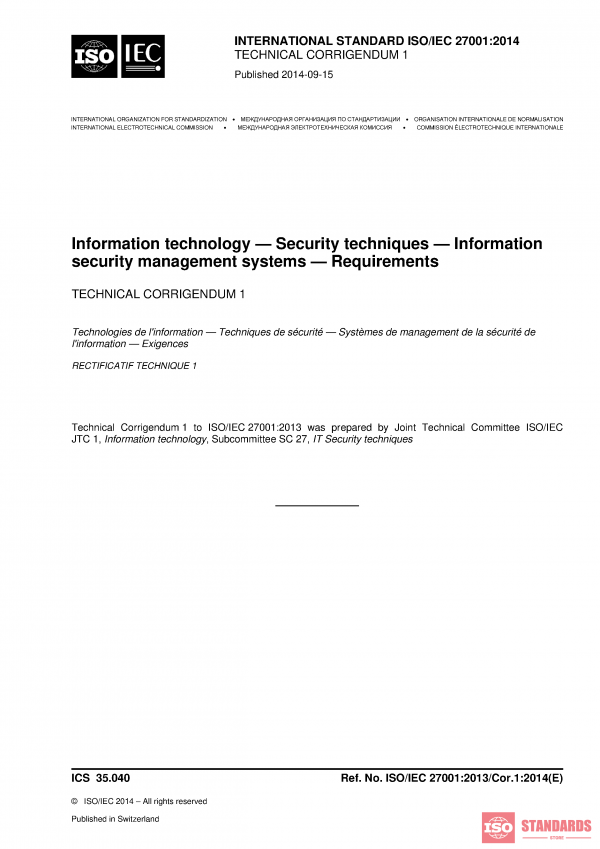 ISO/IEC 27001:2013/COR1:2014 PDF