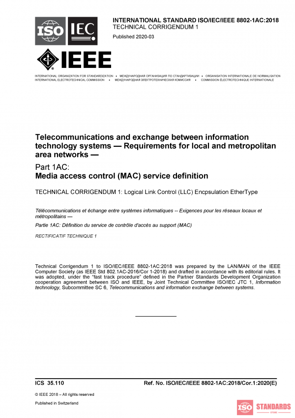 ISO/IEC/IEEE 8802-1AC:2018/Cor 1:2020 PDF