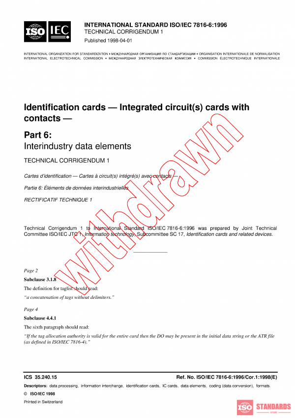 ISO/IEC 7816-6:1996/COR1:1998 PDF