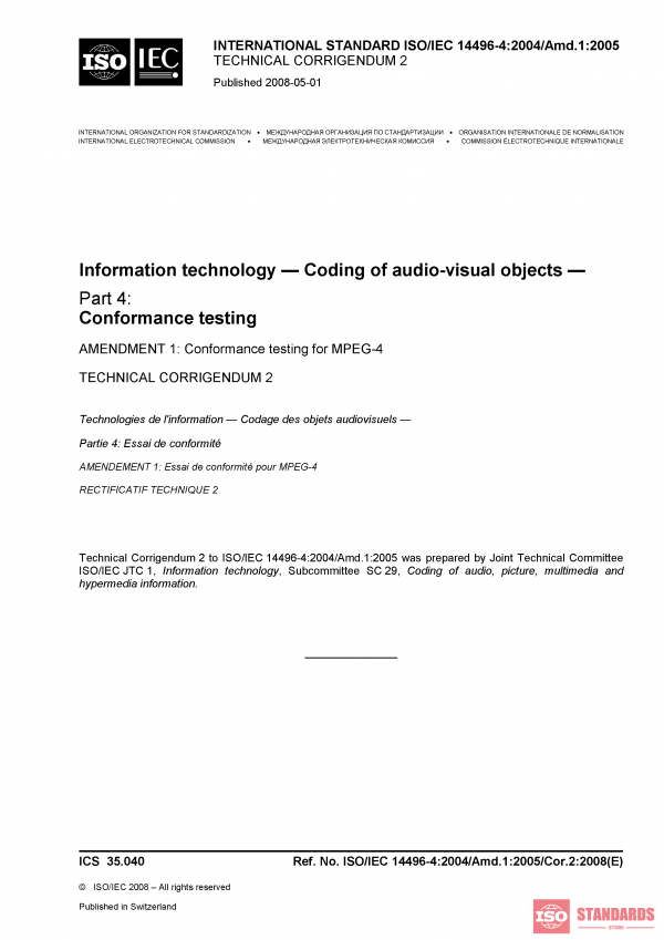 ISO/IEC 14496-4:2004/Amd 1:2005/Cor 2:2008 PDF