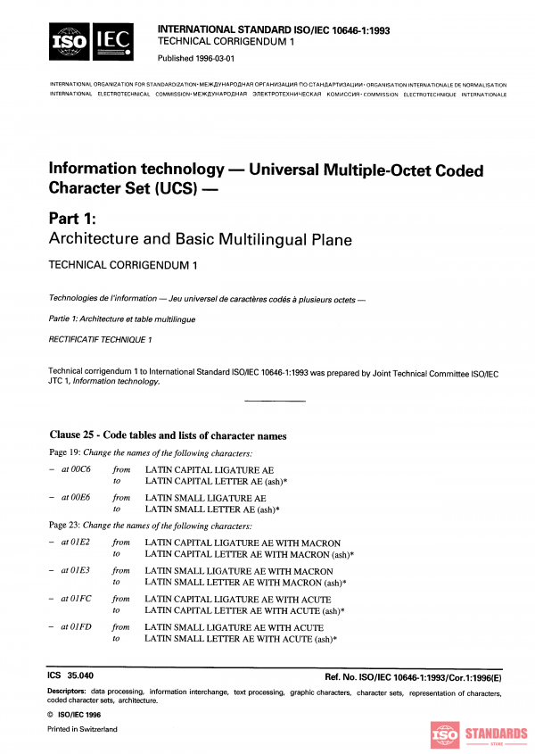 ISO/IEC 10646-1:1993/COR1:1996 PDF
