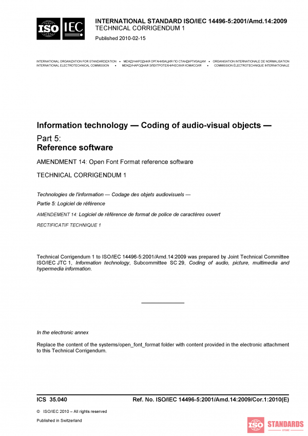 ISO/IEC 14496-5:2001/Amd 14:2009/Cor 1:2010 PDF