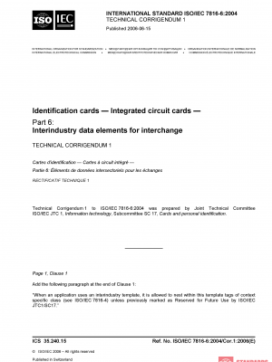 ISO/IEC 7816-6:2004/Cor 1:2006 PDF