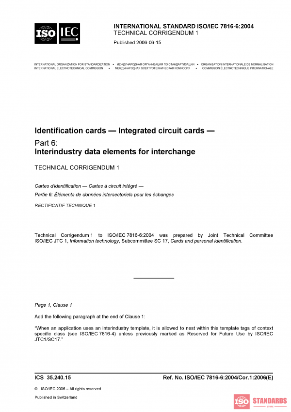 ISO/IEC 7816-6:2004/Cor 1:2006 PDF