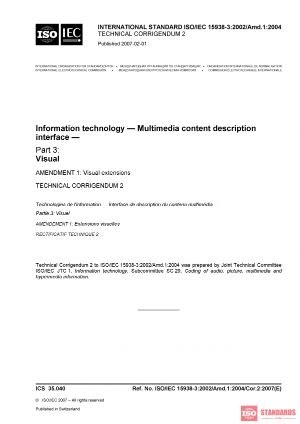 ISO/IEC 15938-3:2002/Amd 1:2004/Cor 2:2007 PDF