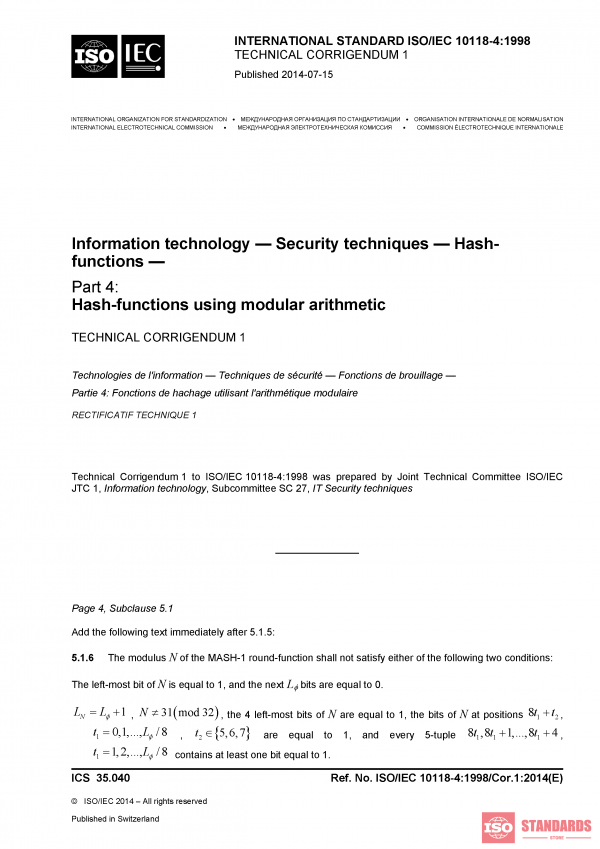 ISO/IEC 10118-4:1998/COR1:2014 PDF