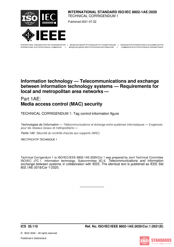 ISO/IEC/IEEE 8802-1AE:2020/COR1:2021 PDF