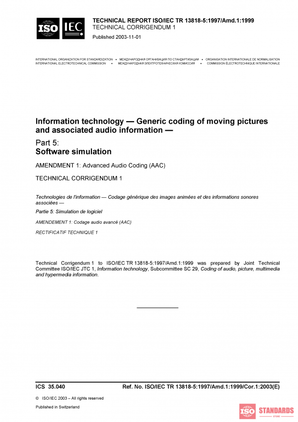 ISO/IEC TR 13818-5:1997/Amd 1:1999/Cor 1:2003 PDF