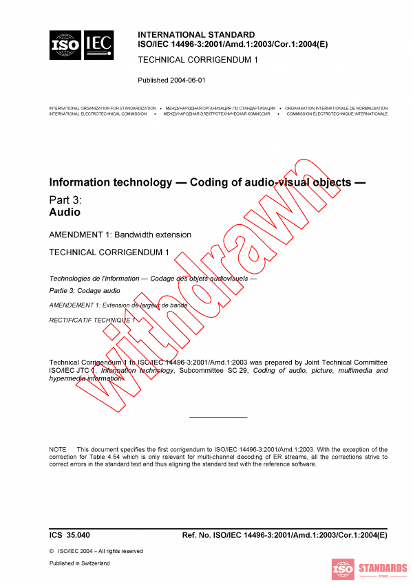 ISO/IEC 14496-3:2001/AMD1:2003/COR1:2004 PDF