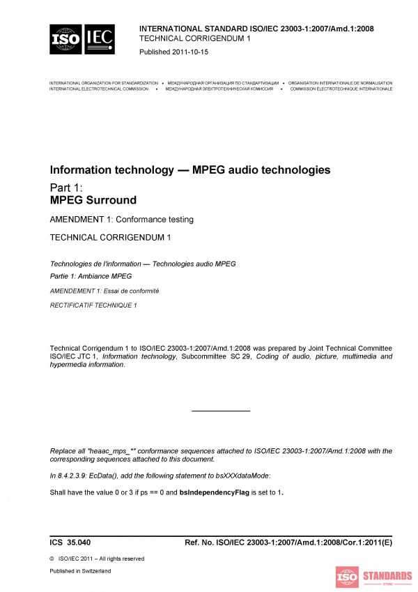 ISO/IEC 23003-1:2007/Amd 1:2008/Cor 1:2011 PDF