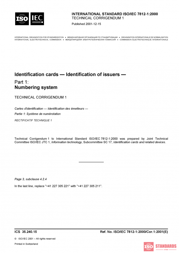 ISO/IEC 7812-1:2000/COR1:2001 PDF