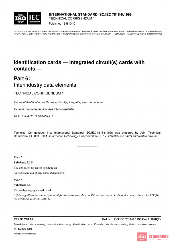 ISO/IEC 7816-6:1996/Cor 1:1998 PDF