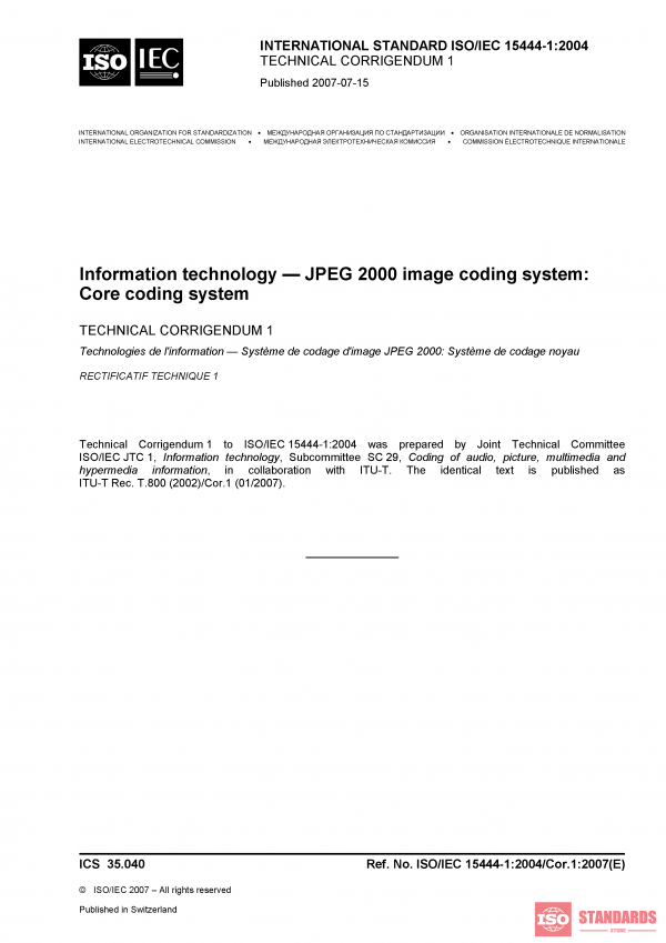 ISO/IEC 15444-1:2004/COR1:2007 PDF