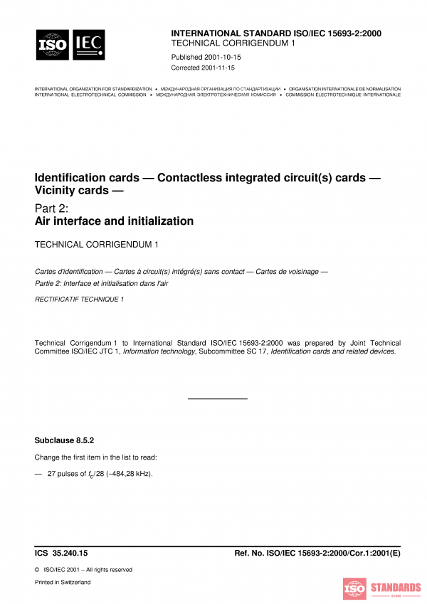 ISO/IEC 15693-2:2000/Cor 1:2001 PDF