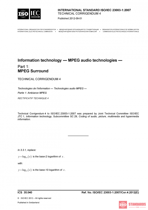 ISO/IEC 23003-1:2007/COR4:2012 PDF