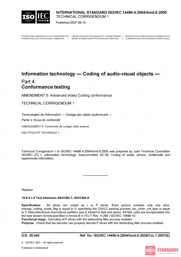 ISO/IEC 14496-4:2004/Amd 6:2005/Cor 1:2007 PDF