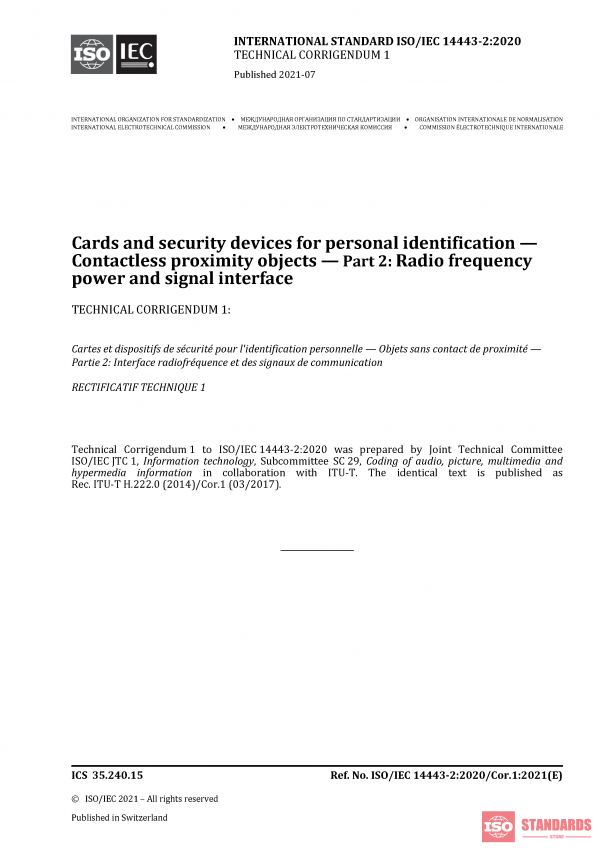 ISO/IEC 14443-2:2020/Cor 1:2021 PDF