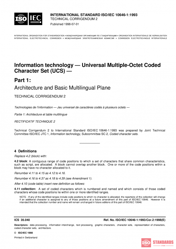 ISO/IEC 10646-1:1993/Cor 2:1998 PDF