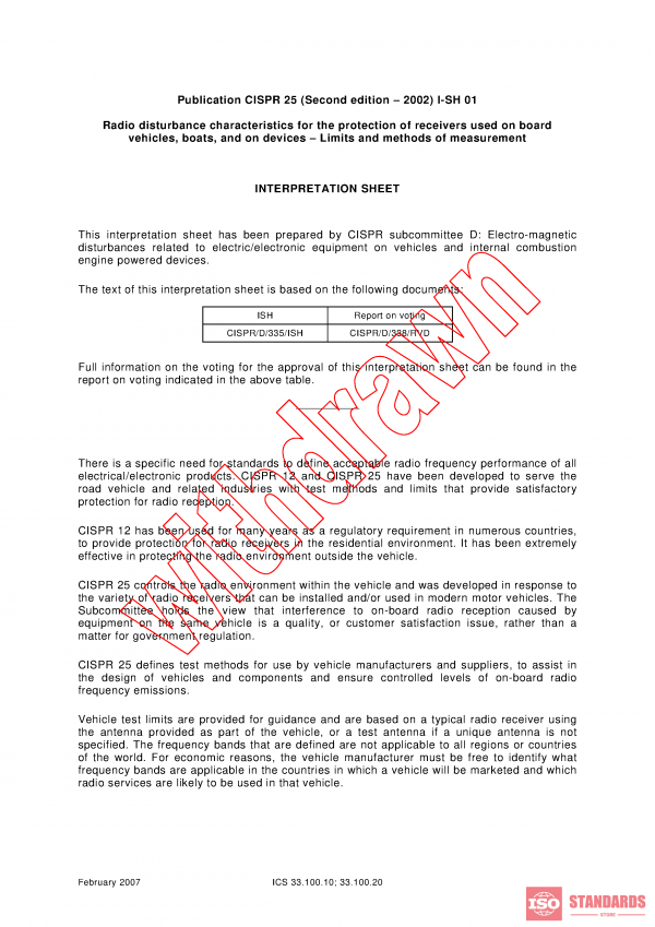 CISPR 25:2002/ISH1:2007 PDF