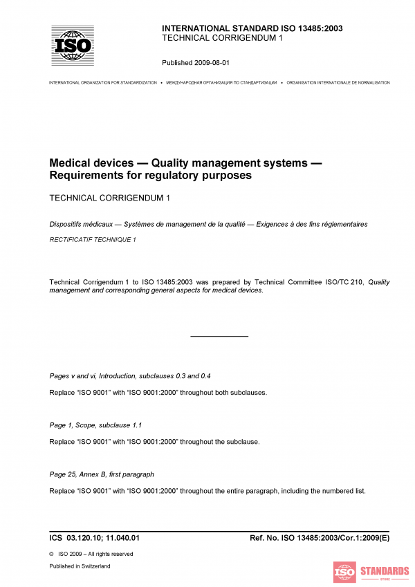 ISO 13485:2003/Cor 1:2009 PDF