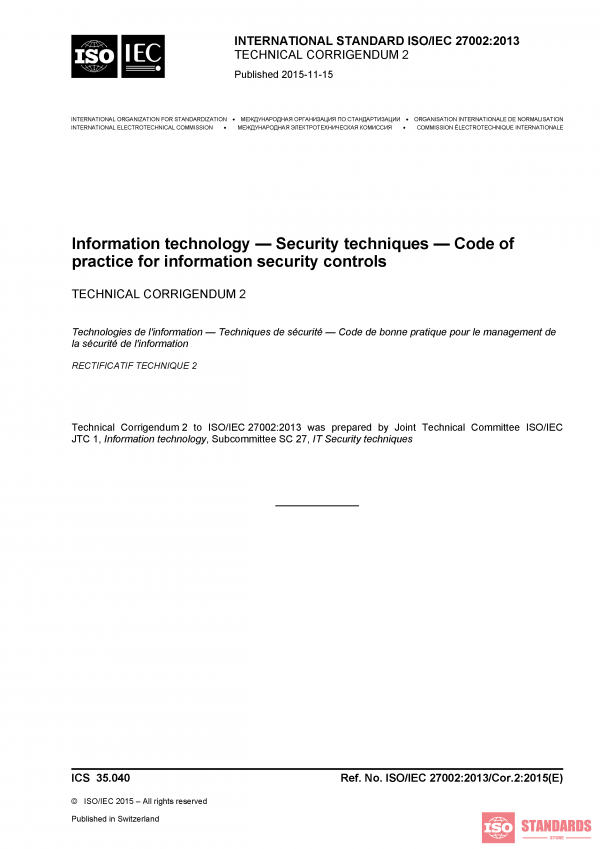 ISO/IEC 27002:2013/COR2:2015 PDF