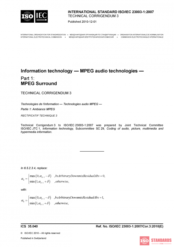 ISO/IEC 23003-1:2007/COR3:2010 PDF