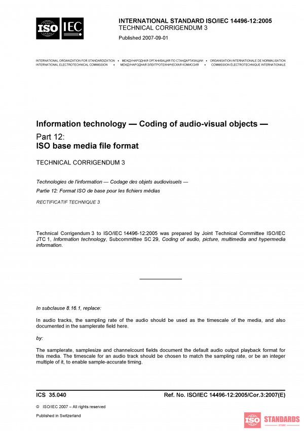 ISO/IEC 14496-12:2005/COR3:2007 PDF