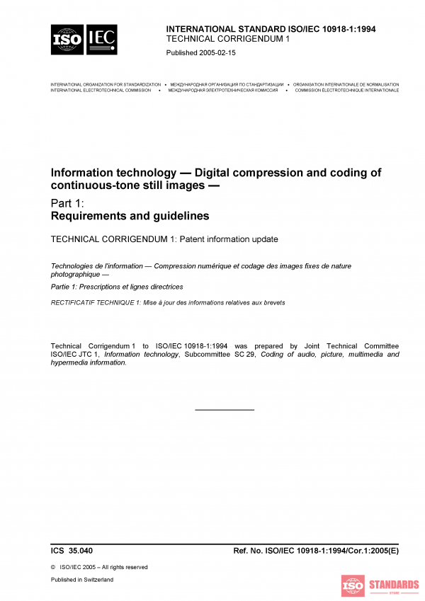 ISO/IEC 10918-1:1994/COR1:2005 PDF