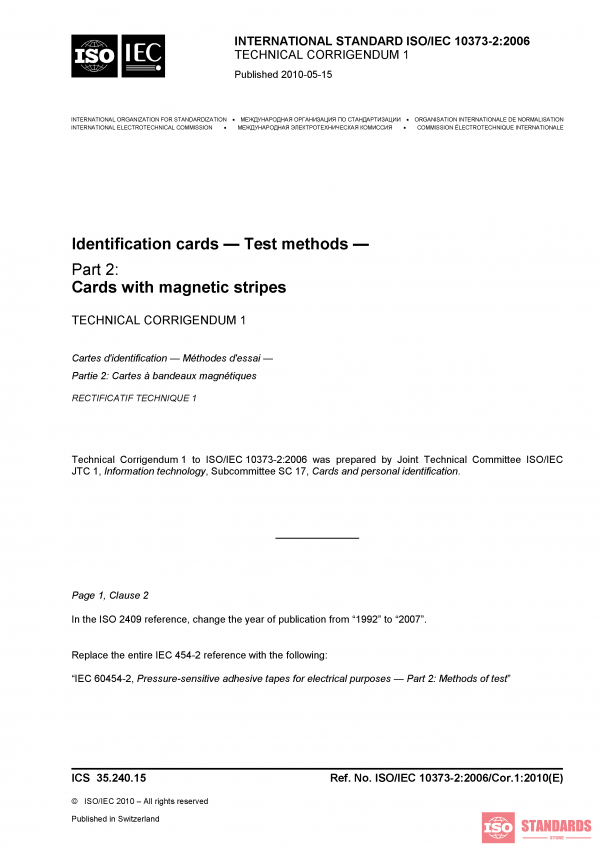 ISO/IEC 10373-2:2006/Cor 1:2010 PDF