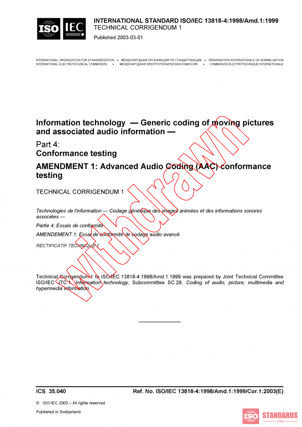 ISO/IEC 13818-4:1998/AMD1:1999/COR1:2003 PDF