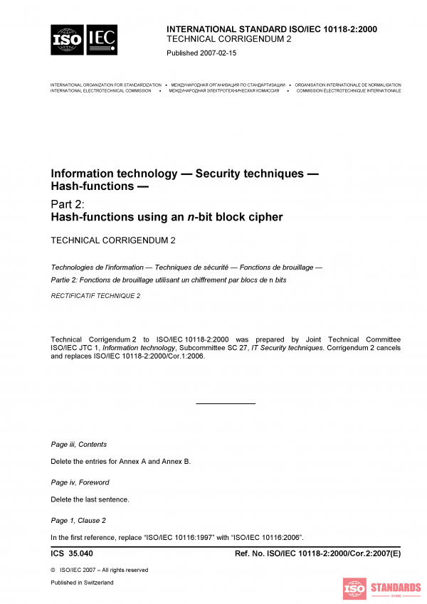 ISO/IEC 10118-2:2000/Cor 2:2007 PDF