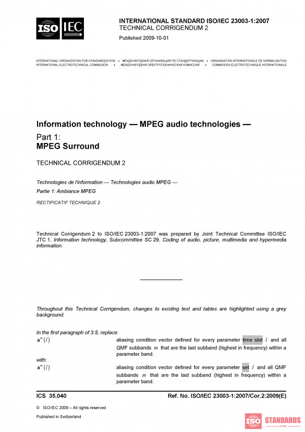 ISO/IEC 23003-1:2007/COR2:2009 PDF