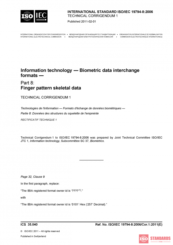 ISO/IEC 19794-8:2006/COR1:2011 PDF