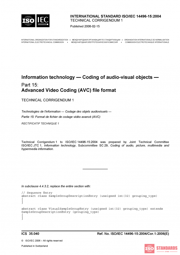 ISO/IEC 14496-15:2004/Cor 1:2006 PDF