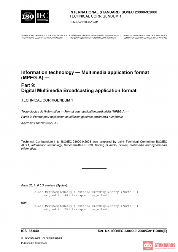 ISO/IEC 23000-9:2008/COR1:2008 PDF