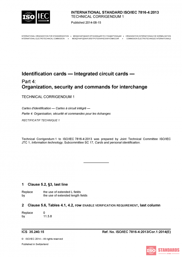 ISO/IEC 7816-4:2013/Cor 1:2014 PDF