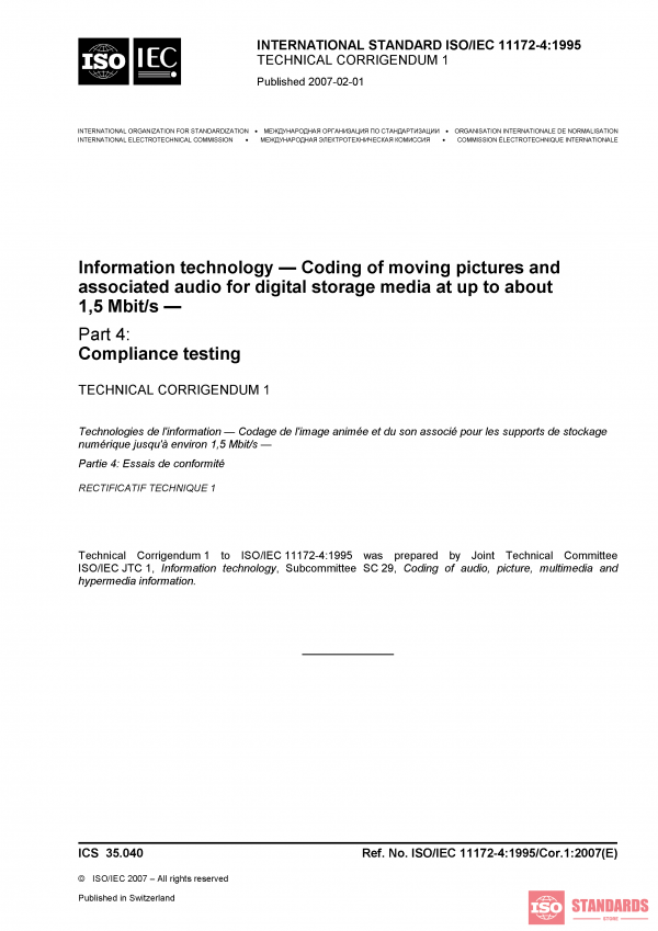 ISO/IEC 11172-4:1995/COR1:2007 PDF