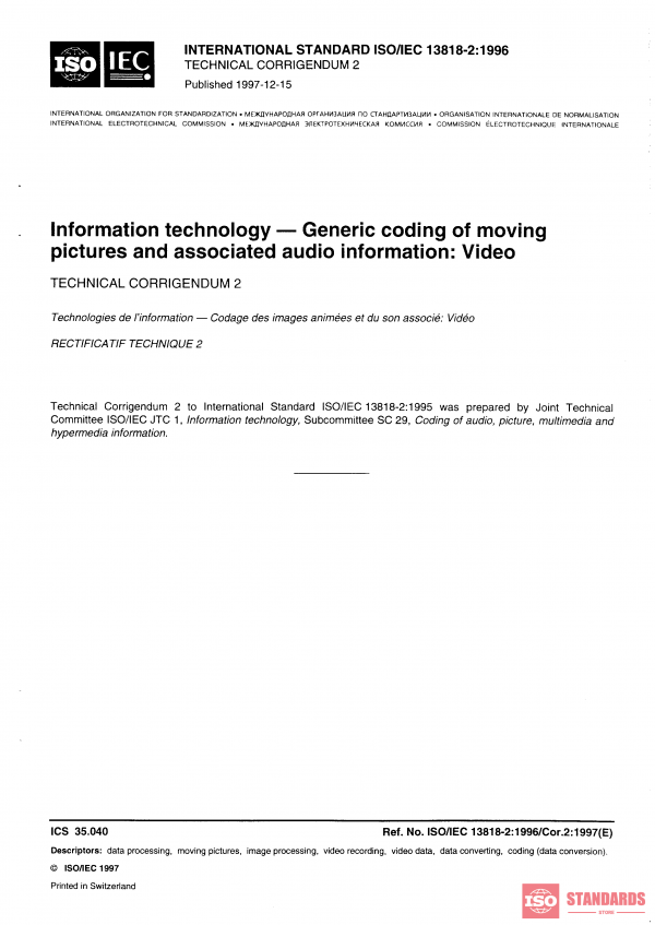 ISO/IEC 13818-2:1996/Cor 2:1997 PDF